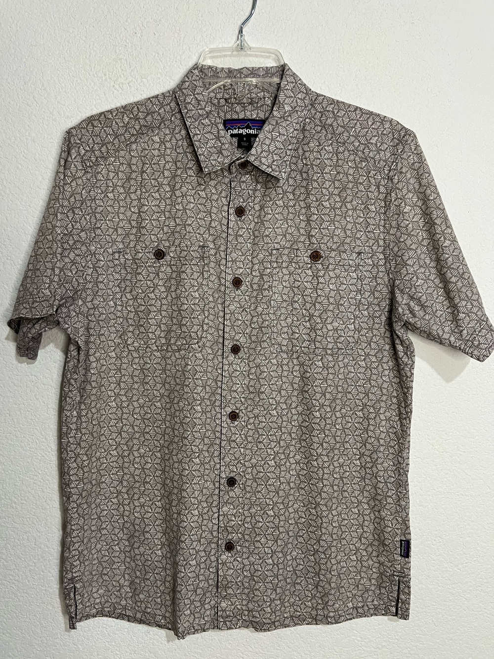 Patagonia Grey White Geometric Pattern Back Step Hemp Organic Cotton Shirt Small